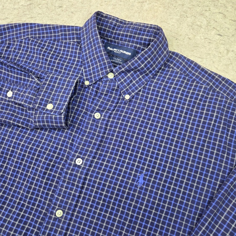 Ralph Lauren Golf Tilden Shirt Mens M Blue Plaid Long Sleeve Button Down Cotton
